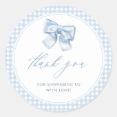 Elegant klassiek Gingham Blue Bow-Baby shower Ronde Sticker (Voorkant)