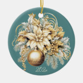 Elegant klassiek goud blauwgroen luxe kerstboeket keramisch ornament (Voorkant)