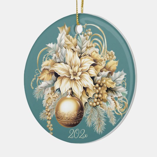 Elegant klassiek goud blauwgroen luxe kerstboeket keramisch ornament (Links)