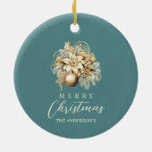 Elegant klassiek goud blauwgroen luxe kerstboeket keramisch ornament (Achterkant)
