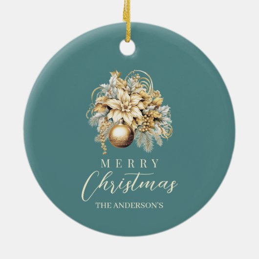 Elegant klassiek goud blauwgroen luxe kerstboeket keramisch ornament (Achterkant)
