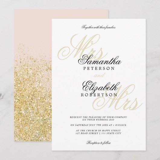 Elegant klassiek goudglitter lesbische bruiloft kaart (Voorkant / Achterkant)