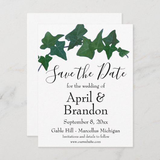 Elegant klassiek Green English Ivy script Save The Date (Voorkant / Achterkant)
