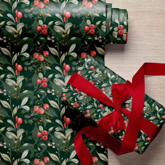 Elegant klassiek groen en bessen kerst cadeaupapier