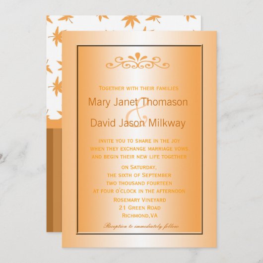 Elegant, klassiek herfst gele bladeren bruiloft kaart (Voorkant / Achterkant)