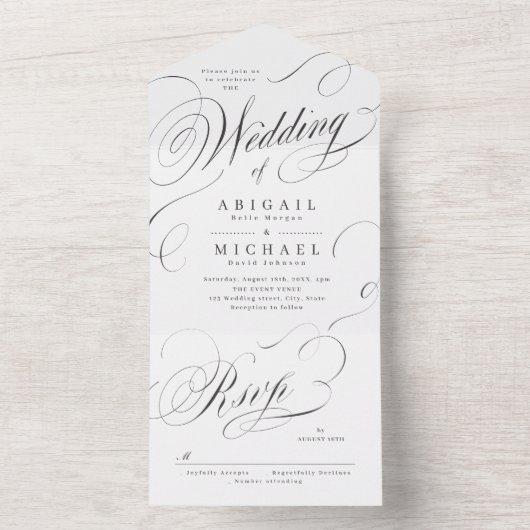 Elegant klassiek kalligrafie bruiloft all in one uitnodiging (Binnen)