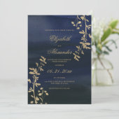 Elegant klassiek marineblauw goudflorale bruiloft kaart (Staand voorkant)