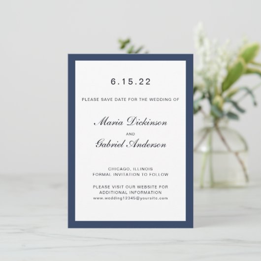 Elegant klassiek marineblauw Lijst. Bruiloft Save The Date (Staand voorkant)
