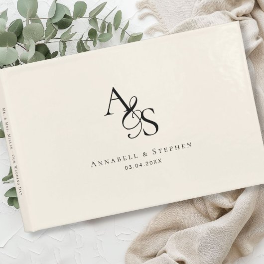 Elegant, Klassiek, Monogram, Beige, Bruiloft Gastenboek