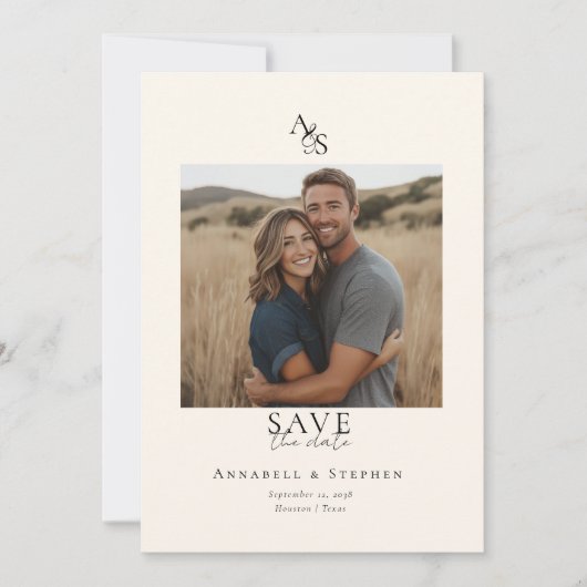 Elegant, Klassiek, Monogram, Beige, Huwelijk 1 Fot Save The Date (Voorkant)