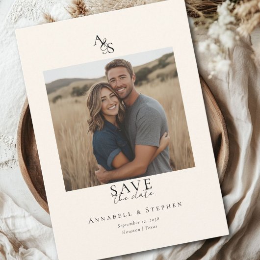 Elegant, Klassiek, Monogram, Beige, Trouw 1 Foto Save The Date