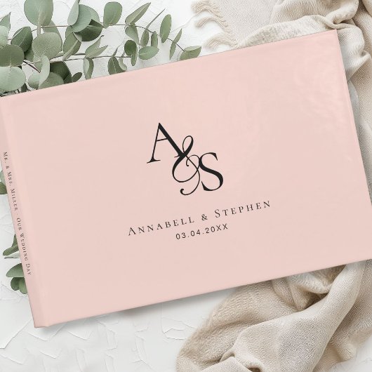 Elegant, Klassiek, Monogram, Blush-Pink, Bruiloft Gastenboek