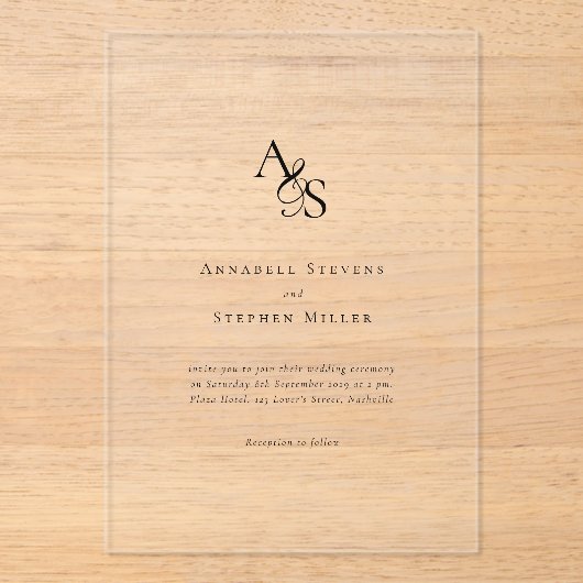 Elegant, Klassiek, Monogram, Huwelijk Acryl Uitnodigingen (Voorkant)