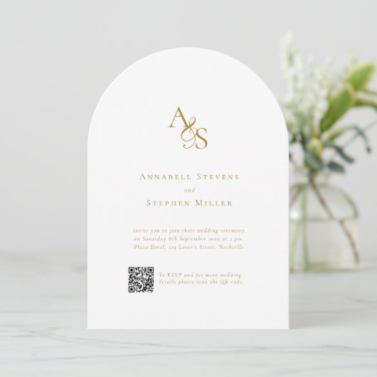 Elegant, Klassiek, Monogram, Wit, QR Code Huwelijk Kaart (Staand voorkant)