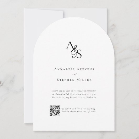 Elegant, Klassiek, Monogram, Wit, QR Code Huwelijk Kaart (Voorkant)