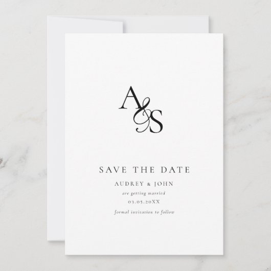 Elegant, Klassiek, Monogram, Wit, Trouwen Save The Date (Voorkant)