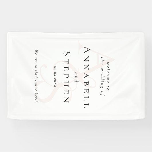 Elegant, Klassiek, Monogram, Witte bruiloft Spandoek (Horizontaal)