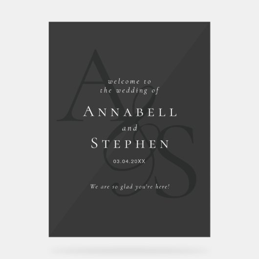 Elegant, Klassiek, Monogram, Zwart, Bruiloft Acryl Bord (Voorkant)