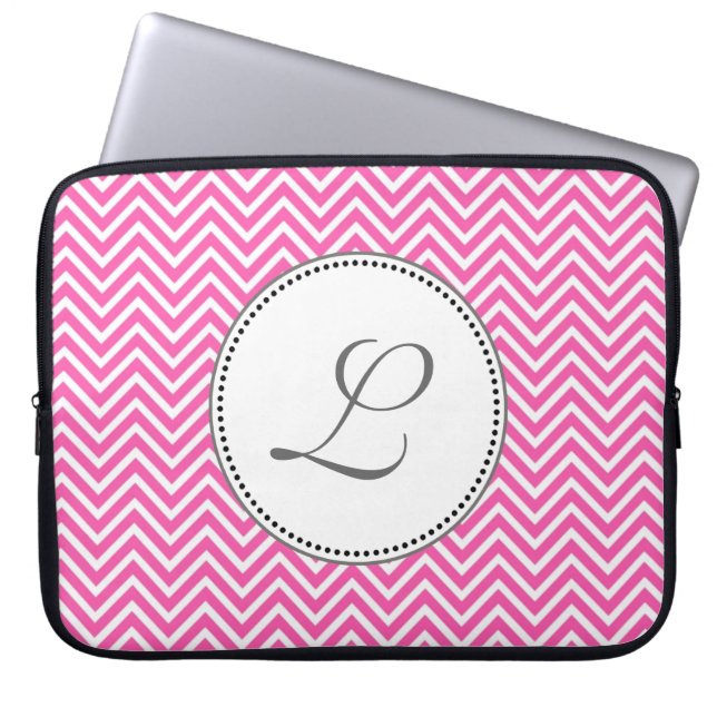 Elegant, klassiek roze en witte chevron zigzag laptop sleeve (Voorkant)