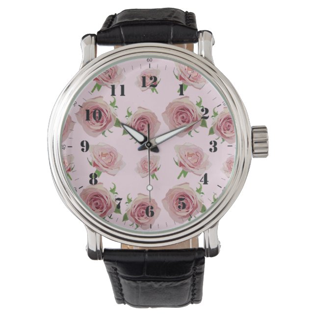 Elegant klassiek roze rozenbloempatroon horloge (Voorkant)