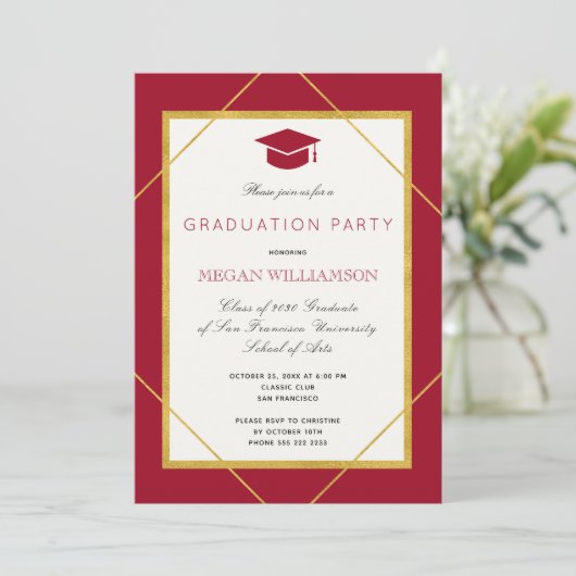 Elegant klassiek script goud rood afstudeerfeest kaart (Staand voorkant)