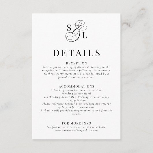 Elegant klassiek script monogram bruiloft details informatiekaartje (Voorkant)