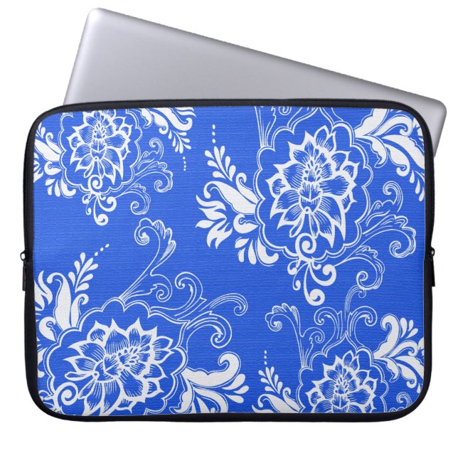 elegant, klassiek, stijlvol blauw en witte floraal laptop sleeve (Voorkant)