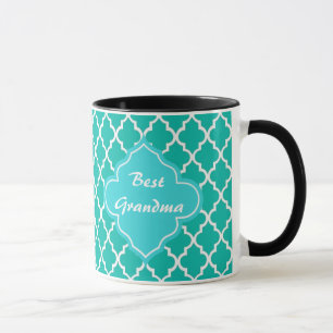 Elegant, klassiek, turquoise vierbladig monogram mok