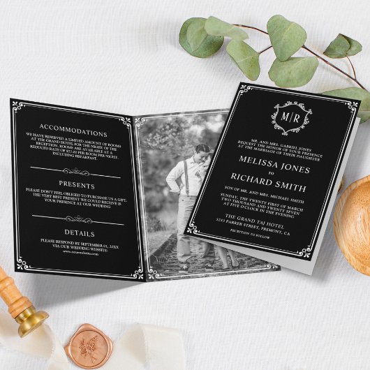 Elegant Klassiek Zwart en Wit Monogram Trouwfeest