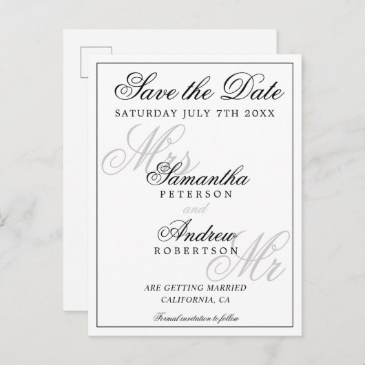 Elegant klassiek zwart wit script bewaar de datum aankondigingskaart (Voorkant / Achterkant)