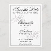 Elegant klassiek zwart wit script bewaar de datum aankondigingskaart (Voorkant)