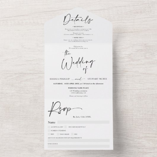 Elegant klassiek zwart-witkalligrafiebruiloft all in one uitnodiging (Binnen)