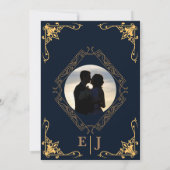 elegant Klassieke luxe blauwe goudfoto bruiloft Kaart (Achterkant)