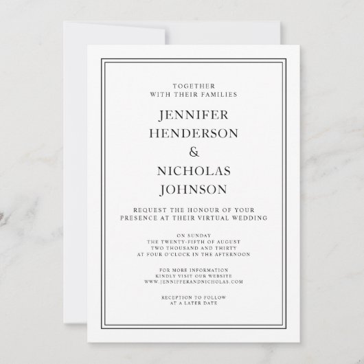 Elegant klassieke zwarte witte virtuele bruiloft kaart (Voorkant)