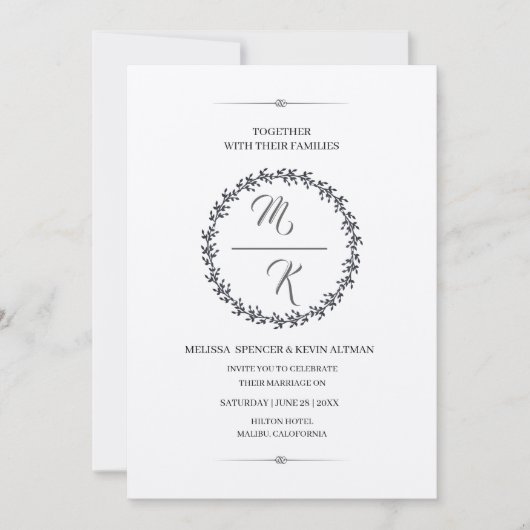 Elegant, klassisch Monogramm Kranz Einladung Kaart (Voorkant)