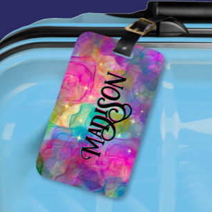 Elegant kleurig marmer monogram bagagelabel
