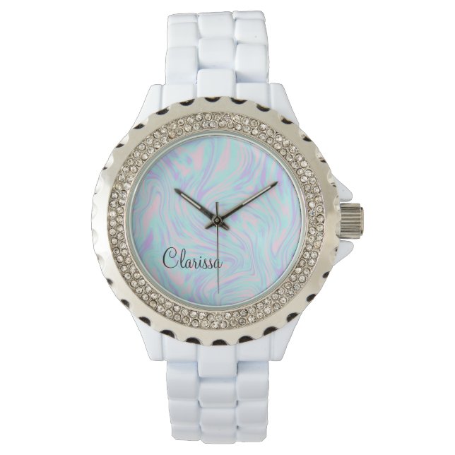 elegant kleurig roze blauw paars witte marmer horloge (Voorkant)