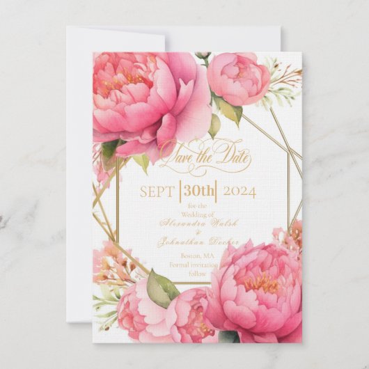 Elegant Kleurrijk Blush Roze Pioenrozen Script Save The Date (Voorkant)