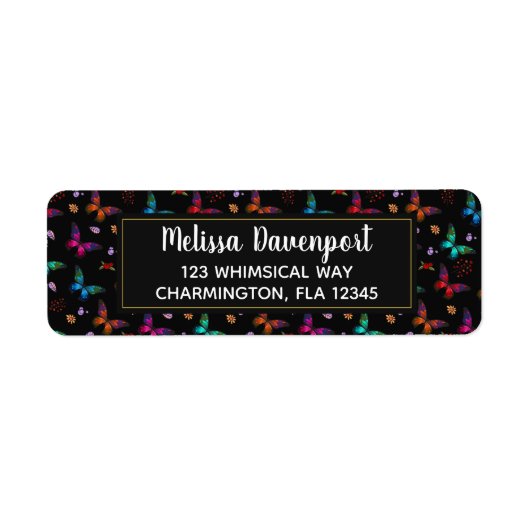 Elegant kleurrijk Butterflies Patroon op zwart Etiket (Voorkant)