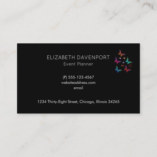 Elegant kleurrijk Butterflies Patroon op zwart Visitekaartje (Achterkant)