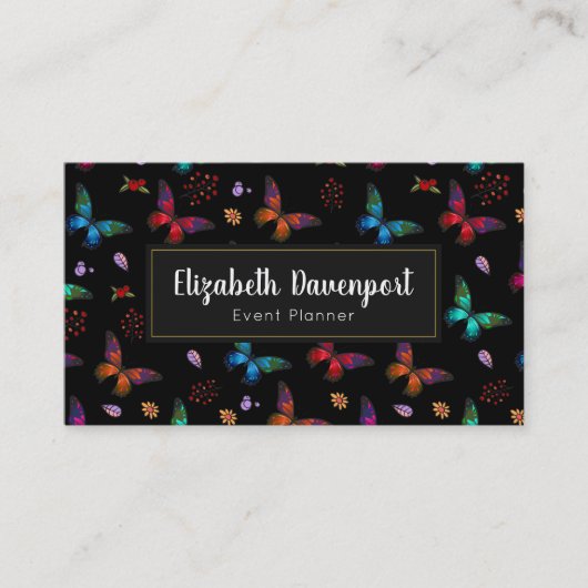 Elegant kleurrijk Butterflies Patroon op zwart Visitekaartje (Voorkant)