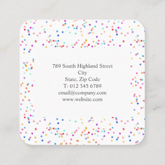 Elegant Kleurrijk Confetti Script Square Vierkante Visitekaartje (Achterkant)