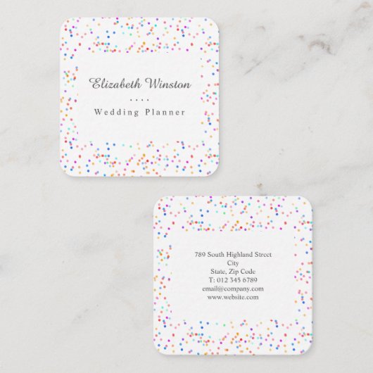 Elegant Kleurrijk Confetti Script Square Vierkante Visitekaartje (Voorkant / Achterkant)