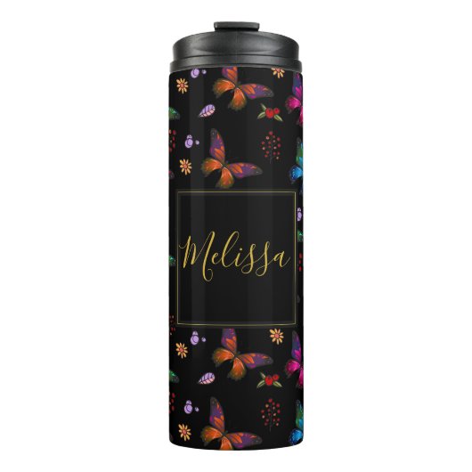 Elegant kleurrijke vlinders op Black Custom Thermosbeker (Voorkant)