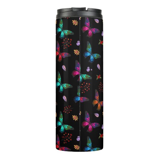 Elegant kleurrijke vlinders op Black Custom Thermosbeker (Achterkant)