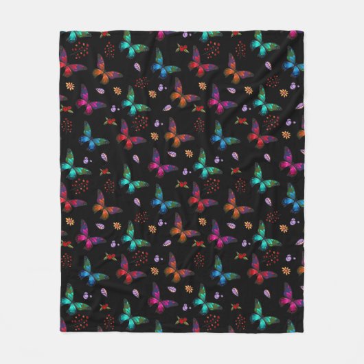 Elegant kleurrijke vlinders op zwart fleece deken (Voorkant)
