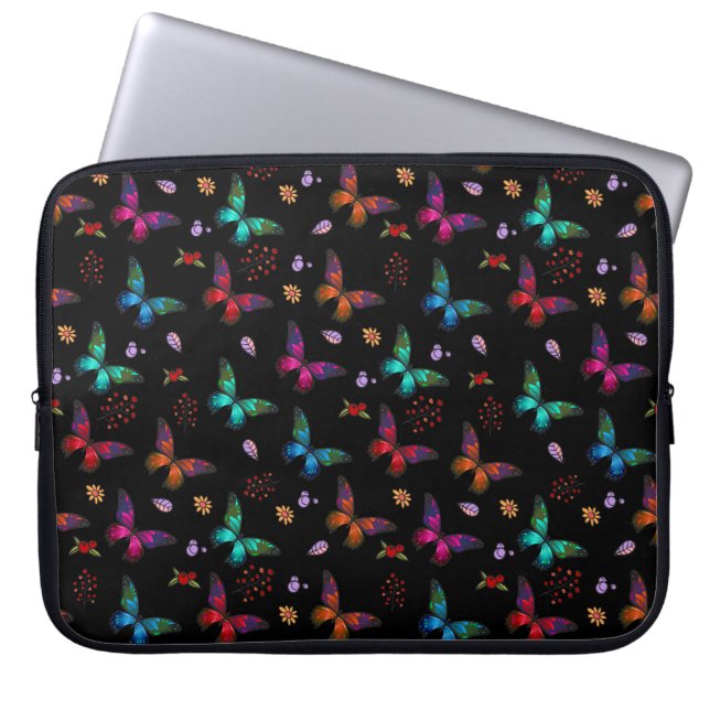 Elegant kleurrijke vlinders op zwart laptop sleeve (Voorkant)