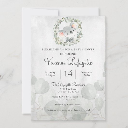 Elegant Koala Eucalyptus Leaf Foliage Baby shower Kaart (Voorkant)