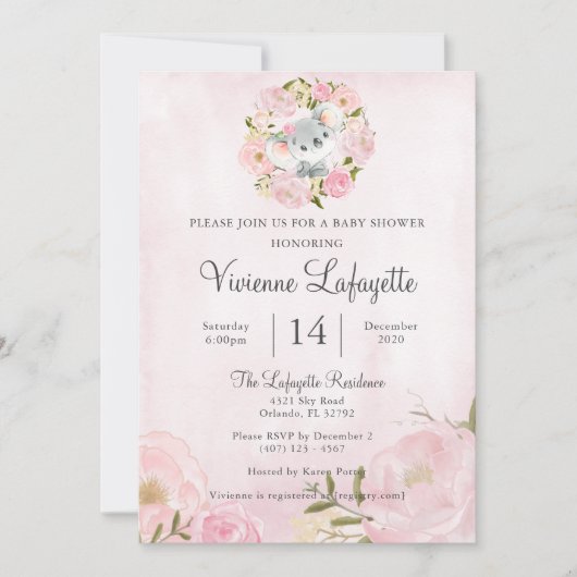 Elegant Koala Girly Pink Peony Baby shower Kaart (Voorkant)