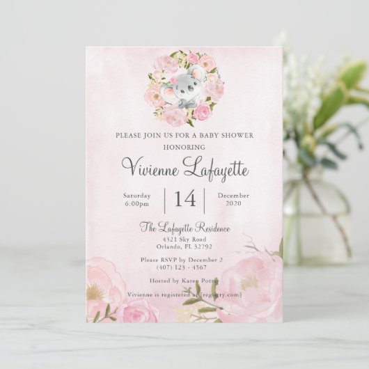 Elegant Koala Girly Pink Peony Baby shower Kaart (Staand voorkant)